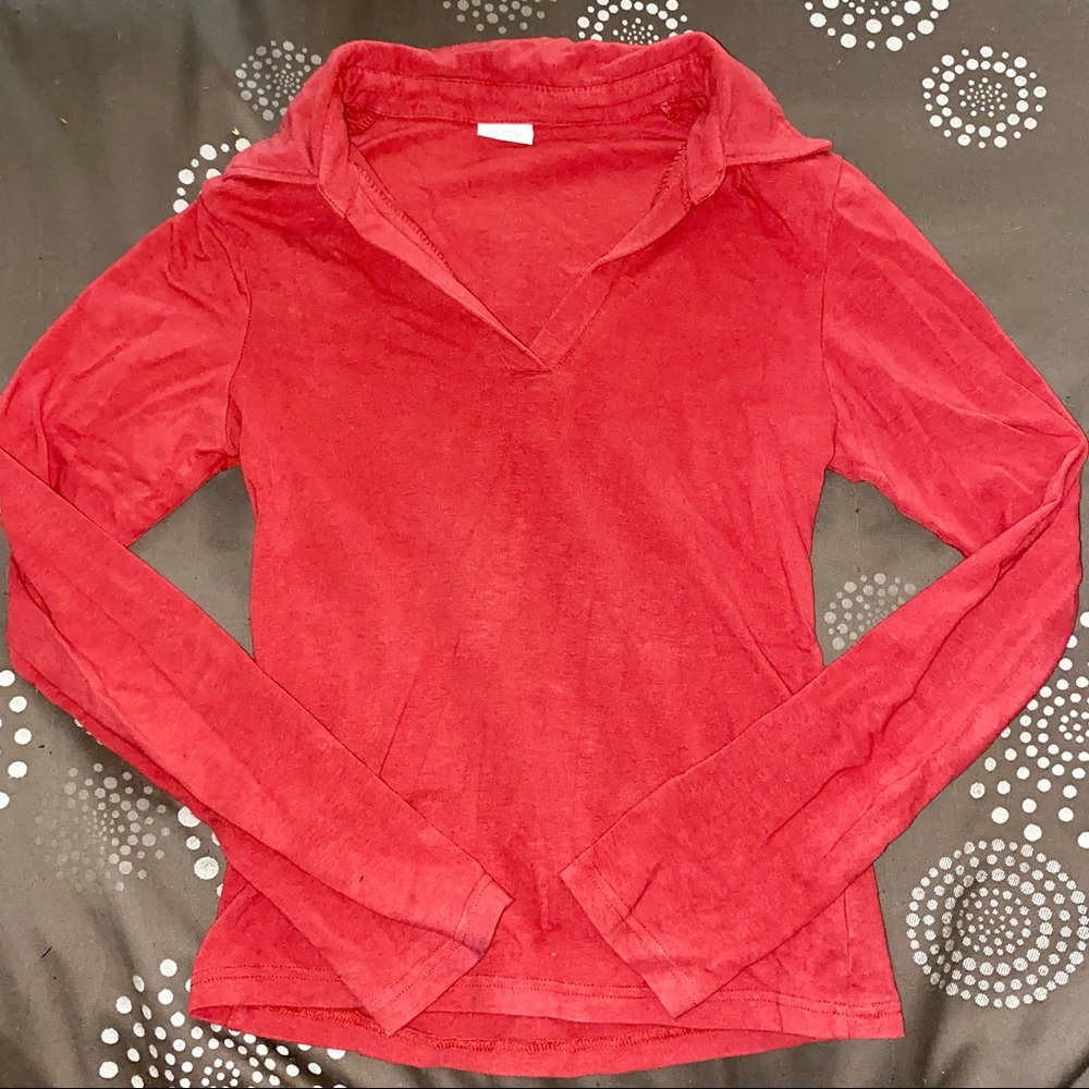 Red V-Neck Bodycon Long Sleeve Tee